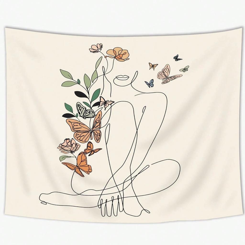 Florale Frau Linienkunst Wandteppich Einseitig 2D-Druck Minimalistisch Elegant Wandteppich Schlafzimmer Wohnzimmer Wanddekoration Ruhige Atmosphäre Geschenk