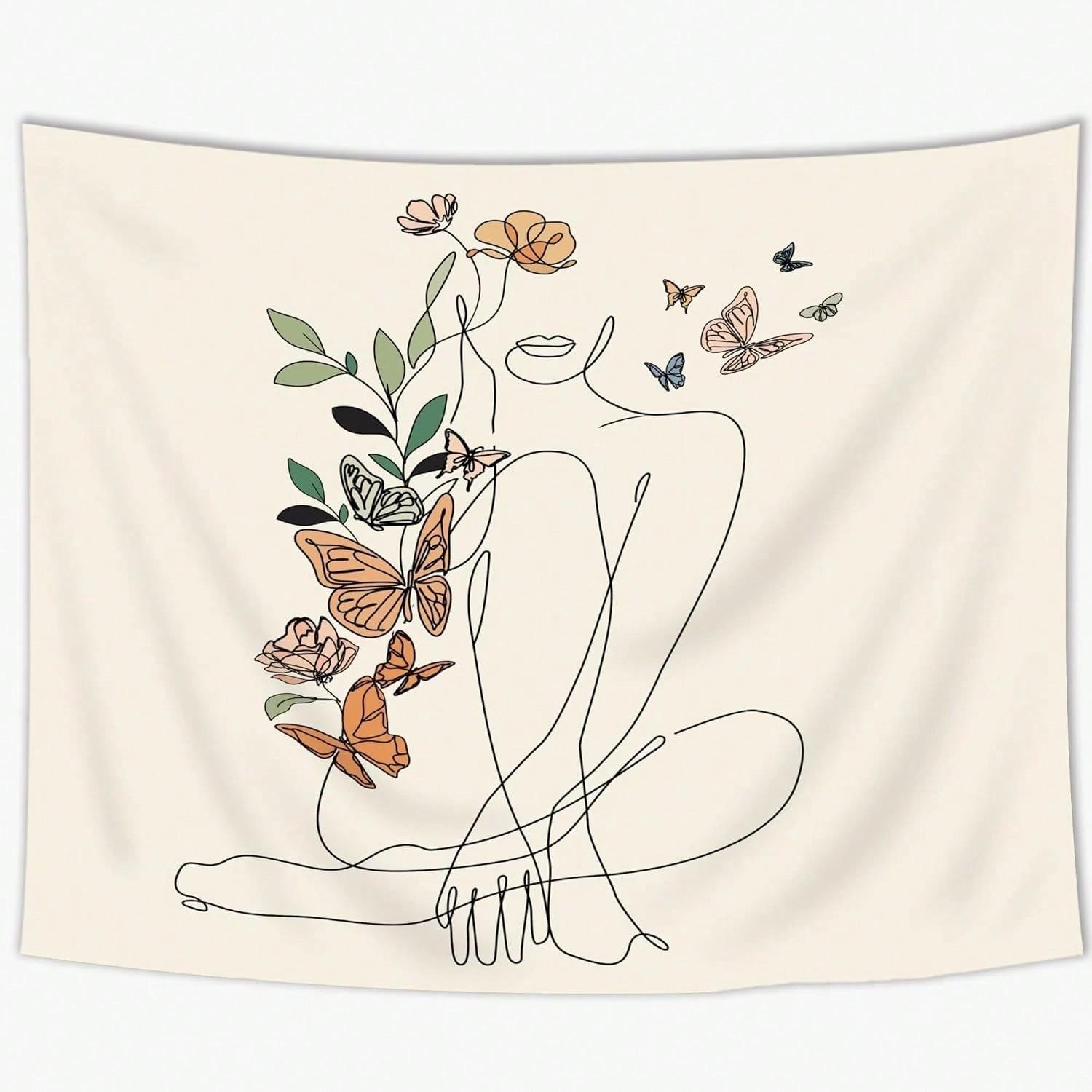 

Floral Woman Line Art Tapestry Single Sided 2D Print Minimalist Elegant Tapestry Bedroom Living Room Wall Decor Serene Vibe Gift 74x94cm(29x37in)
