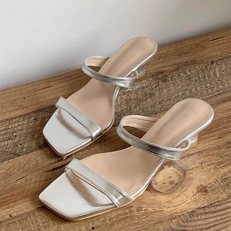 

Овчина~ Нишевый клиновидный каблук со шлепанцами, женские летние шлепанцы на толстом каблуке, простые кожаные, с квадратным носком и открытым носком, носить прохладные шлепанцы 40