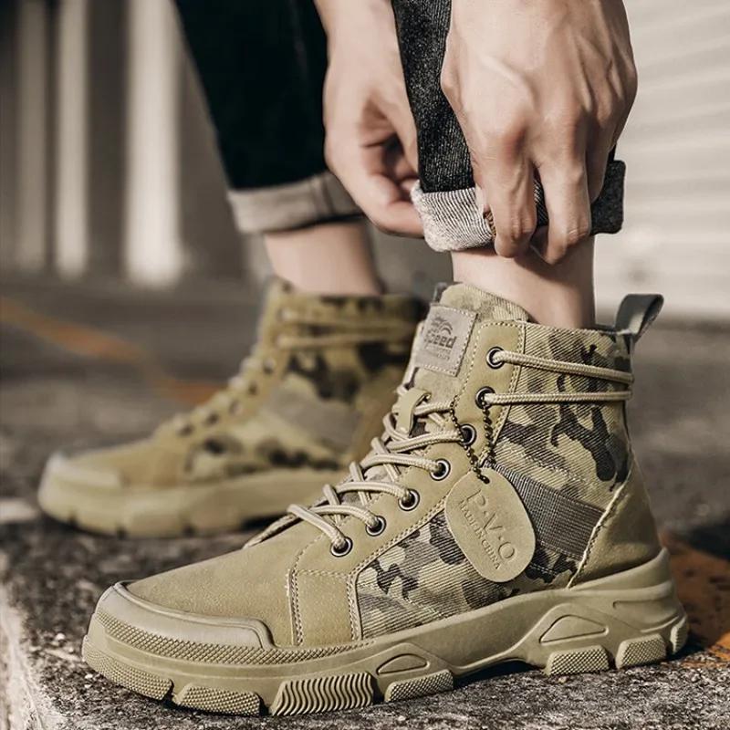 Módní pánské boty Módní maskáčové boty Protiskluzové pouštní boty Prodyšné plátěné kotníkové boty pro muže Šněrovací platformové boty Botas2024