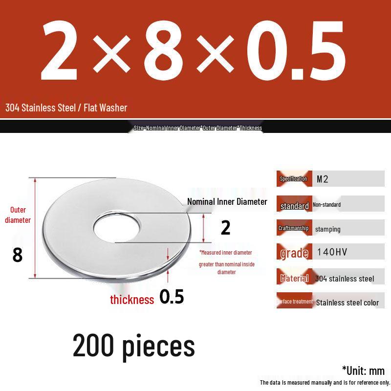 304 Stainless Steel Thickened Flat Washer Set, Sizes 2-36
