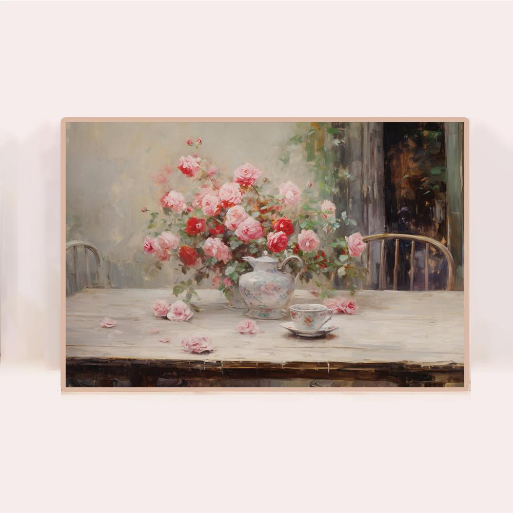 Dipinto ad olio vintage di fiori Rosa rosa vaso finestra vicino al fiume poster pittura su tela arte da parete immagini arredamento per la casa