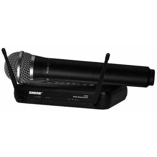 Shure SVX24/PG58 Wireless System: B-Band SVX2/PG58 Handheld Dynamic Microphone and SVX4 Receiver Set. Ideal for singing, vocal performances, live even