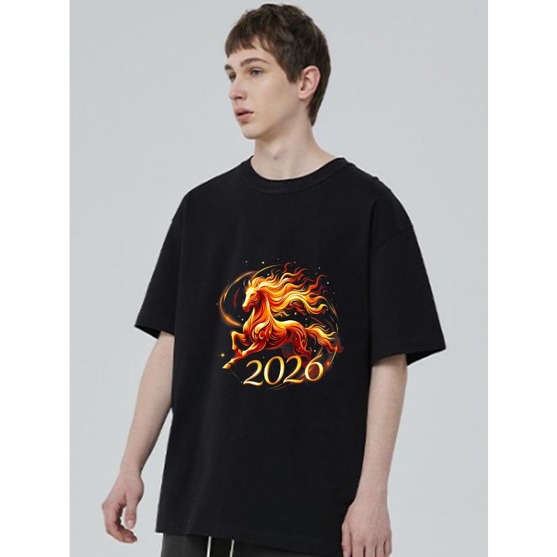 Black T Shirt With Flame Horse And 2026 Print For Casual Wear