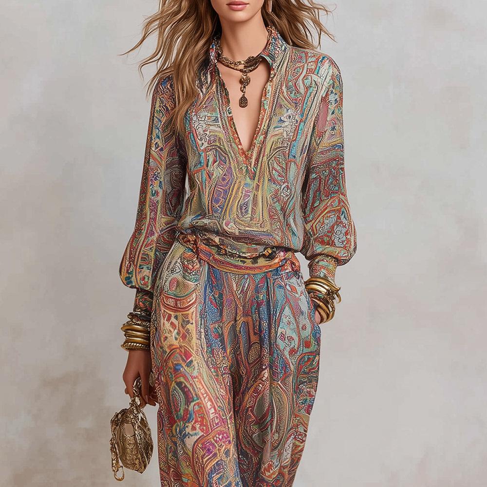 European and American Style Women's Clothing 2026 Casual Suit, New Fashion Temperament Deep V-neck Wide-leg Pants Suit
