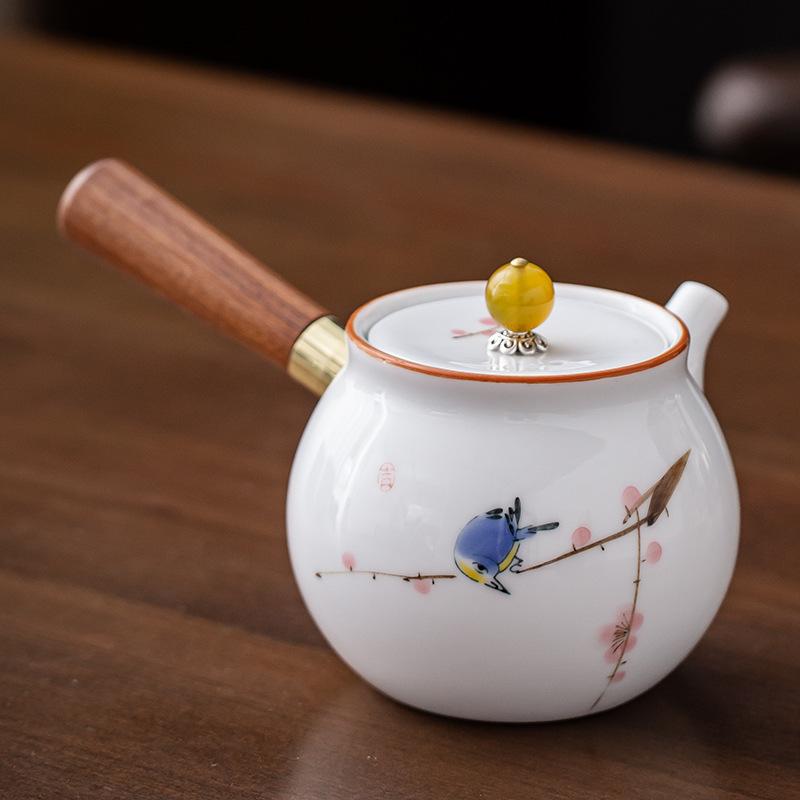 Hand-painted Mutton Fat Jade White Porcelain Teapot Single Pot Hand with Handle Side Handle Teapot Xishi Pot Kung Fu Tea Set Tea
