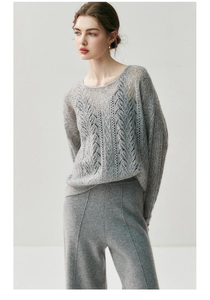 2025 Autumn/Winter Round Neck Cashmere Hollow Knit Cardigan - Women's Plus Size, Loose Fit, Versatile & Lazy Style Sweater