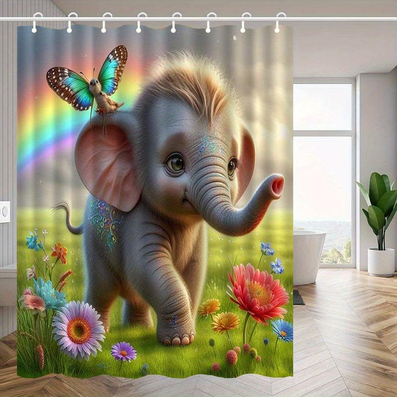 Cute Elephant Shower Curtain Baby Elephant with Butterfly Rainbow Flowers Art Kids Decor Waterproof Fabric Bath Curtain Set Home