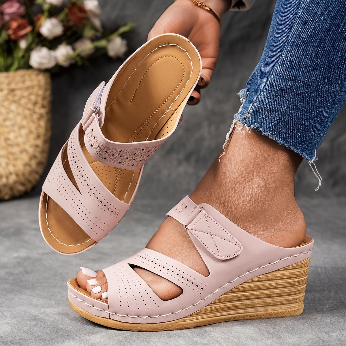 

Ladies Fashion Slope Heel Sandals - Casual Open Toed, Thick Bottom, Breathable PU Coverage, Suitable for All Seasons, Ladies Sandals 43 рожевий