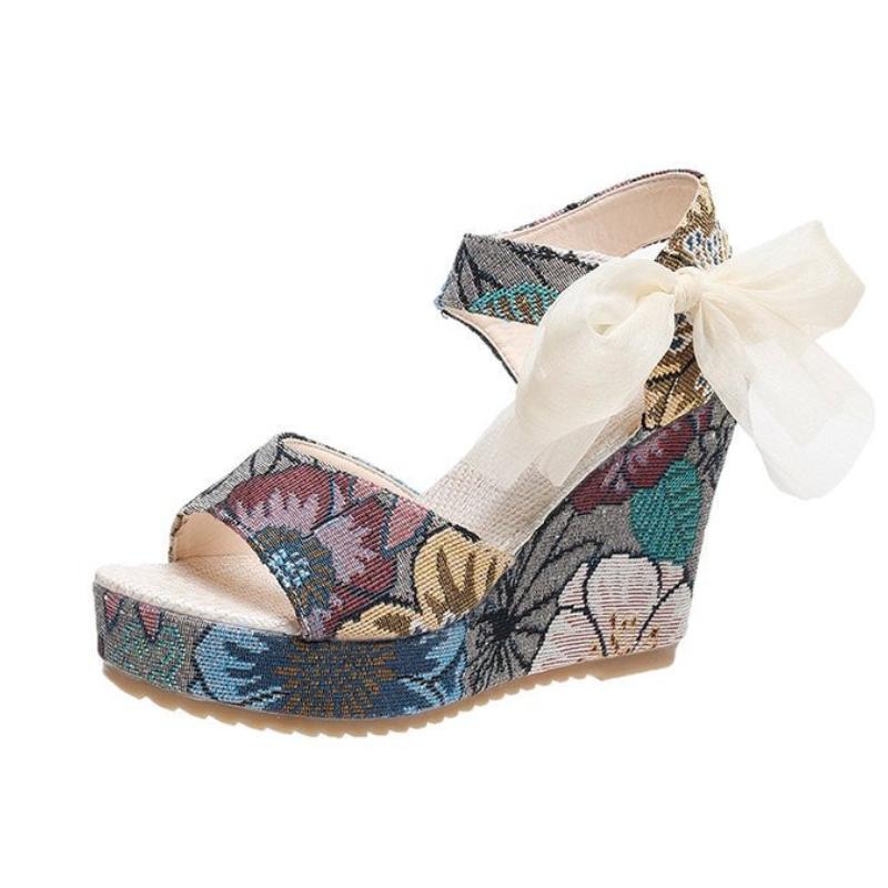 Women s Summer Thick Bottom Slope Heel Sandals Denim Cross Buckle Beach Sandals Slippers 35 красный