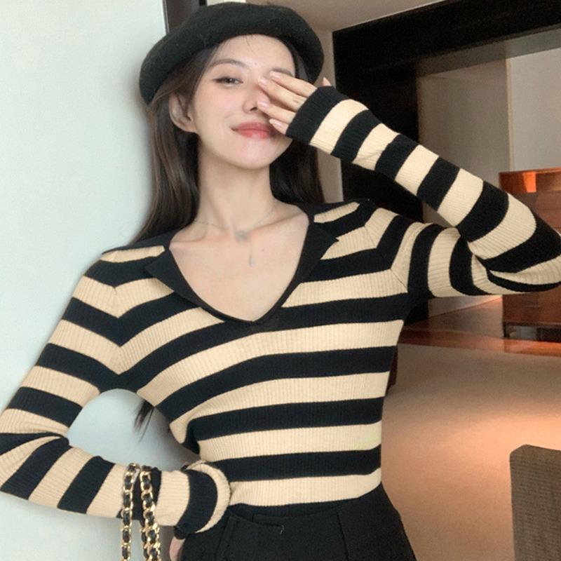 

Женский свитер, тонкий, облегающий, с V-образным вырезом, контрастного цвета, в полоску, вязаный One Size