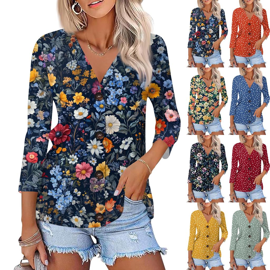 Women's Fashion Casual Print Button-down Shirt 3/4 Long Sleeve Tops
