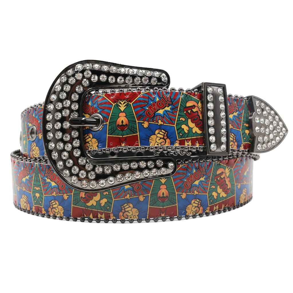 Rhinestone Belt Print Punk Creative Irregular Hand-painted Graffiti Belt Rock Fashion European and American Style PU Belt