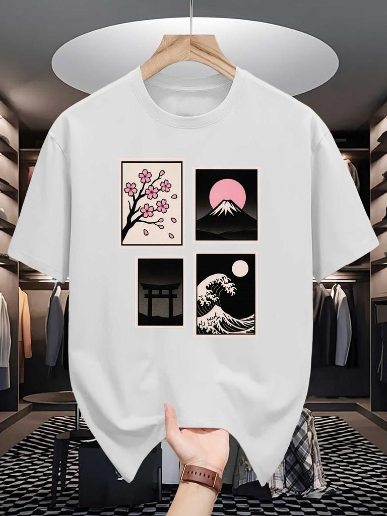 Unisex Crew Neck Tee Japan Ukiyo Landscape Art Graphic Print Soft Cotton Loose Short Sleeve Summer Casual Male Streetwear Tops