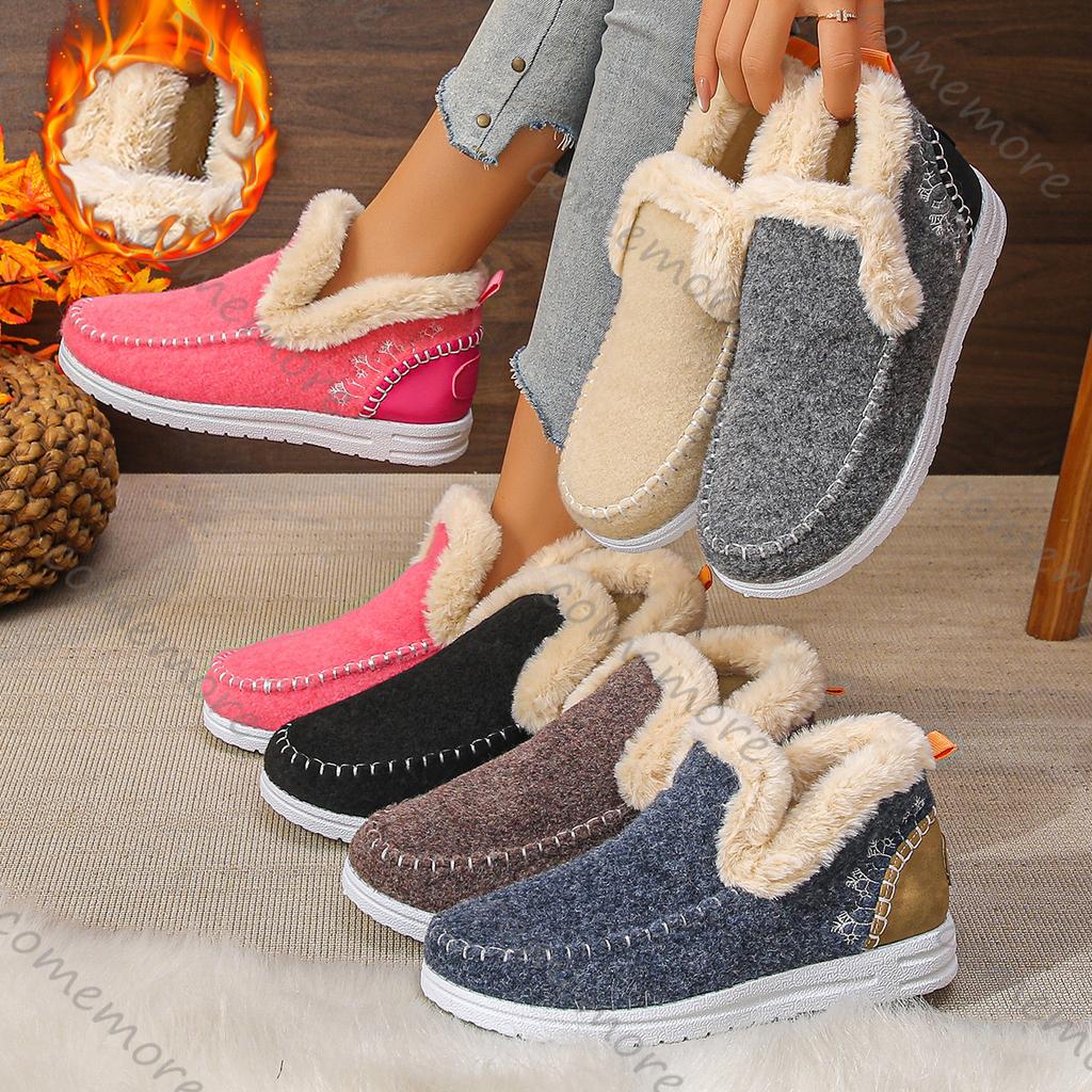 Fashion Comemore Winter Flats for Women Thick-soled Snow Boots Female Padded Thickened Fur Warm Large Size Casual Women's Cotton Shoes