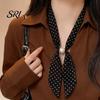 Satin Neck Scarf Women Imitation Pearl Buckle One-Piece Design Lightweight Chiffon Breathable Summer French Retro Black White Dot Collar Decorative