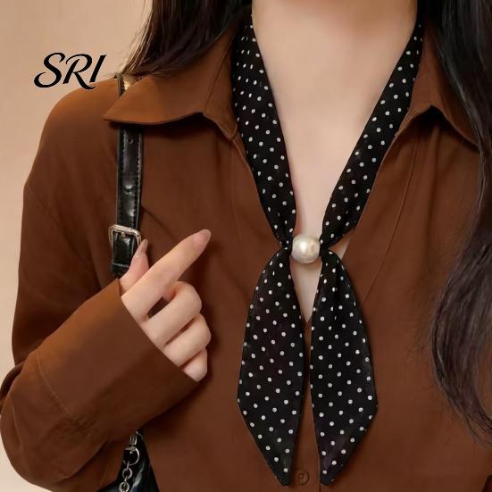 Satin Neck Scarf Women Imitation Pearl Buckle One-Piece Design Lightweight Chiffon Breathable Summer French Retro Black White Dot Collar Decorative