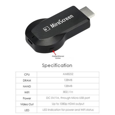 1080P MiraScreen WiFi přijímač displeje 2.4G HDMI-kompatibilní DLNA Airplay Miracast AV TV Dongle