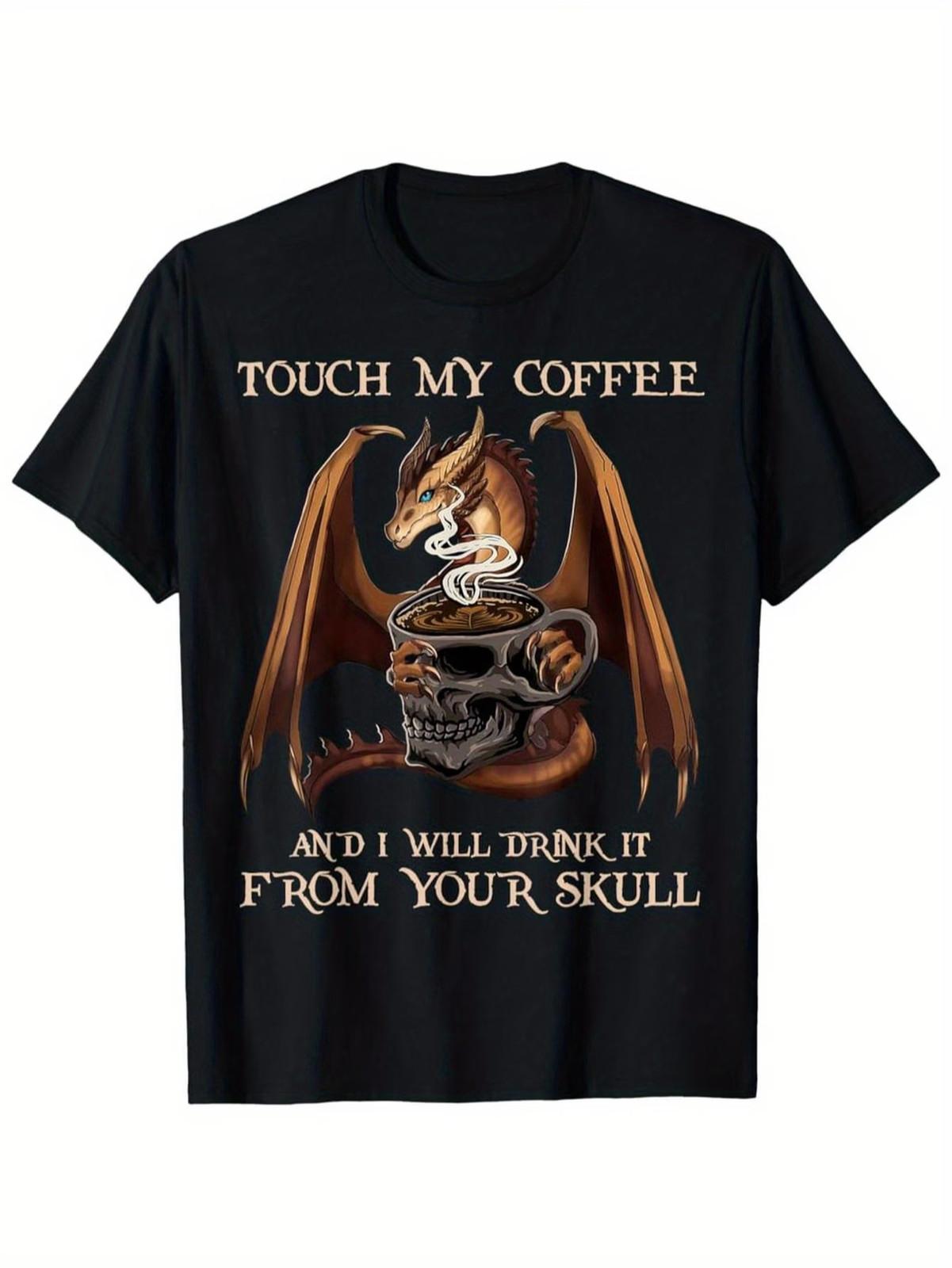 Men s Vintage Dragon & Coffee T-Shirt - 100% Cotton Preshrunk Funny  Touch My Co Unisex T-Shirt M
