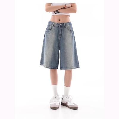 Retro Denim Shorts Women American Style Elegant Streetwear Wide Leg Pants Summer Female Y2k High Waist Loose Short Jeans