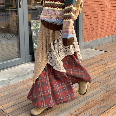 Autumn Spring Women New Skirts Plaid Loose Elastic Waist Pleated Elegant Long Skirts