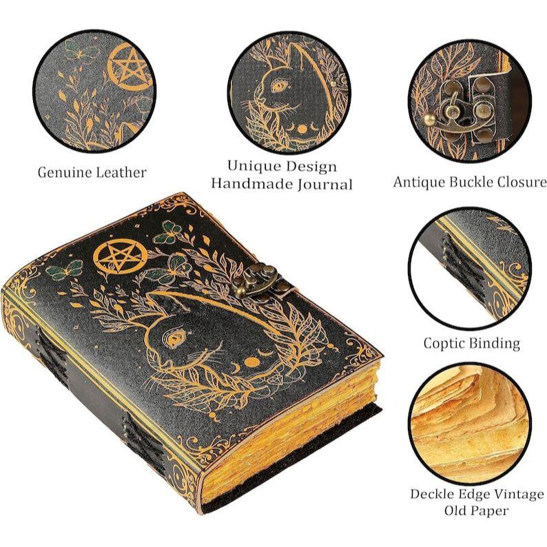 Blank Leather Spell Book: Cat Design Grimoire, Handmade Journal
