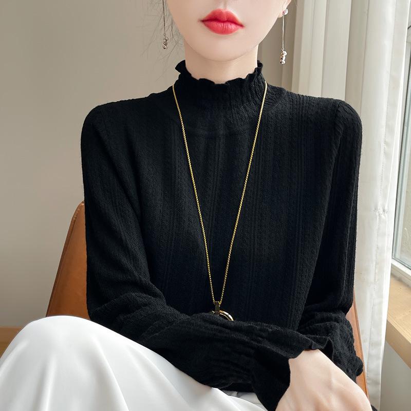 

Женский пуловер с ажурной вязкой на весну/лето с полувысоким воротом XXL for 135-155 jin чёрный