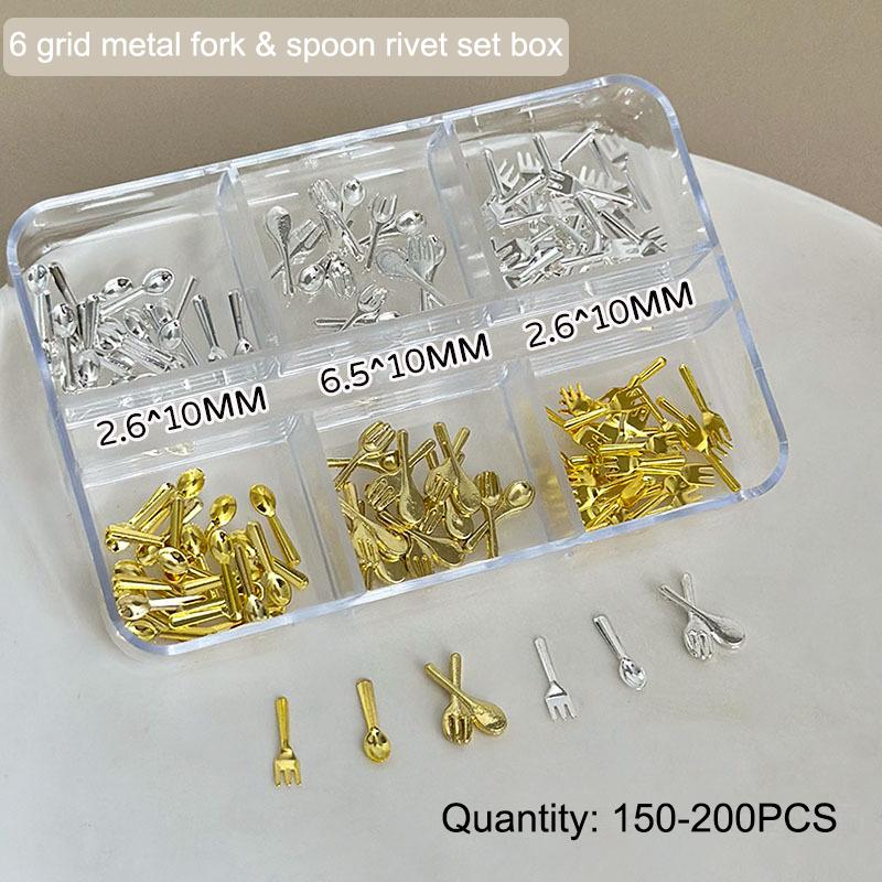 6 Grids/Box Mix Gold Silver Mini Forks Spoons Tableware Alloy Nail Art  Decorations Manicure Cure Charms Accessories