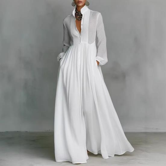 Abito da Donna con Collo Alto Manica Lunga Bottoni Davanti Maxi Abito con Tasche Funzionali Pieghettato