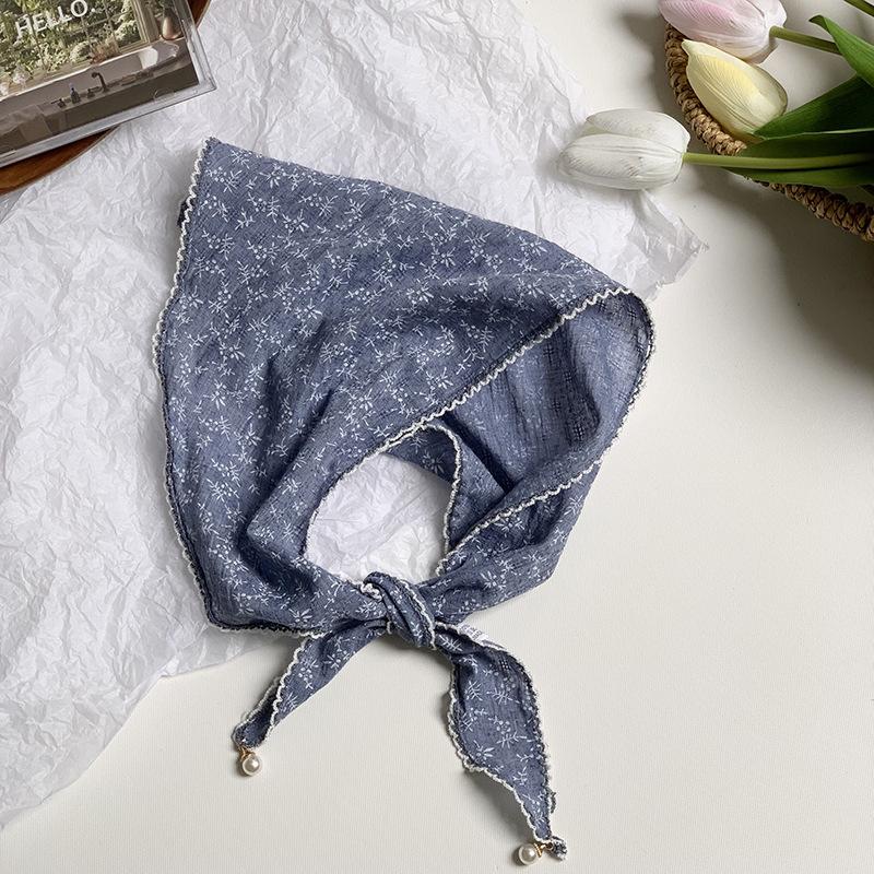 Triangle Scarf Scarf Female Retro Literary Floral Cotton and Linen Neck Protector Decorative Pearl Small Pendant Small Scarf Headband