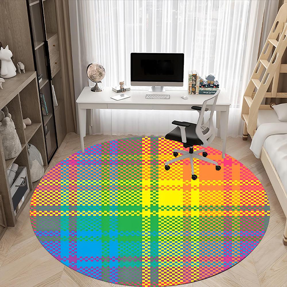 1pc Colorful Plaid Pattern Chair Carpet for Office, Round Polyester Mat, Indoor Decor for Office, Easycare Fabric, Washable Non-slip Area Carpet