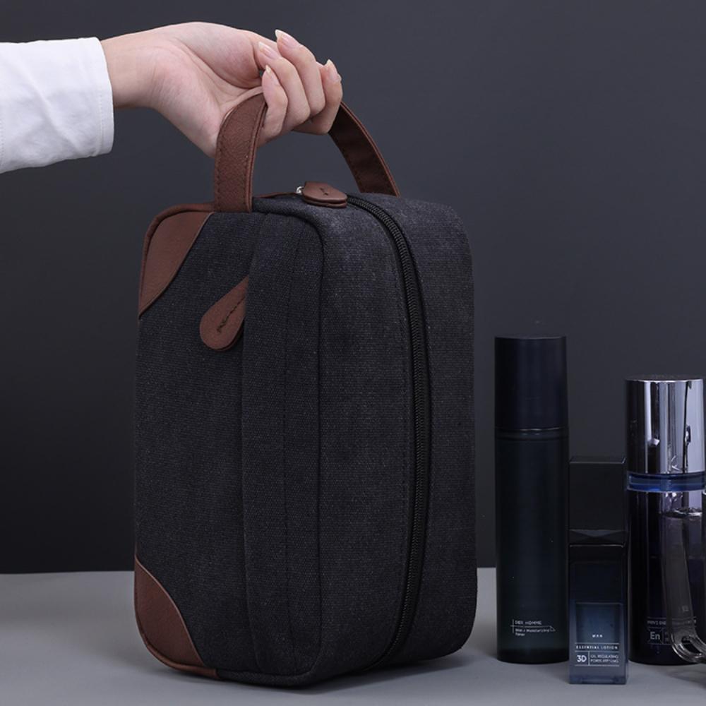 Large Capacity Leather Canvas Men Wash Shaving Women Toiletry Storage Waterproof Makeup Travel Organizer Retro Cosmetic Bag 2025