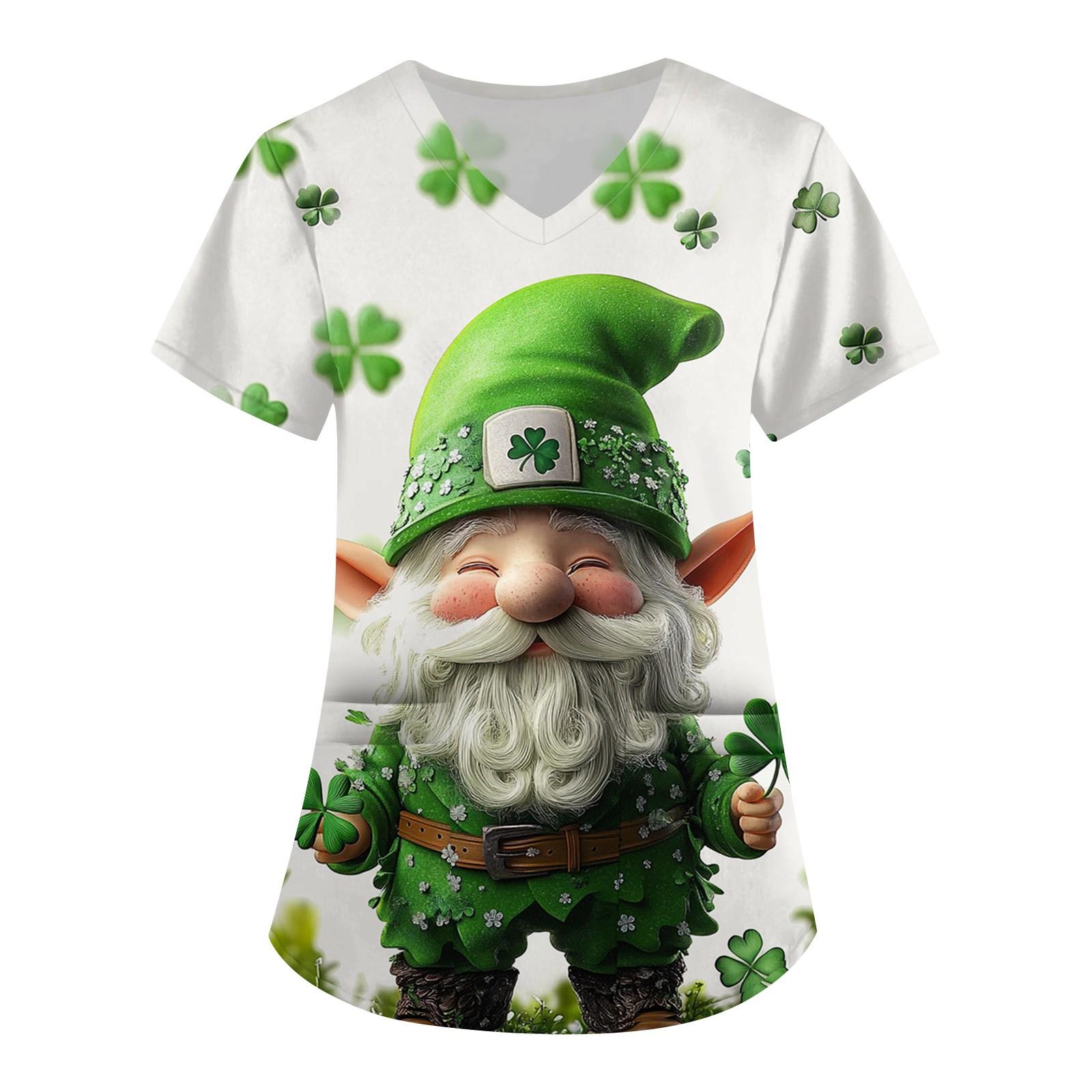 

Женская симпатичная рабочая одежда с принтом, V-образным вырезом, двухслойными карманами, базовым коротким рукавом, пуловером St.. День Патрика XL белый