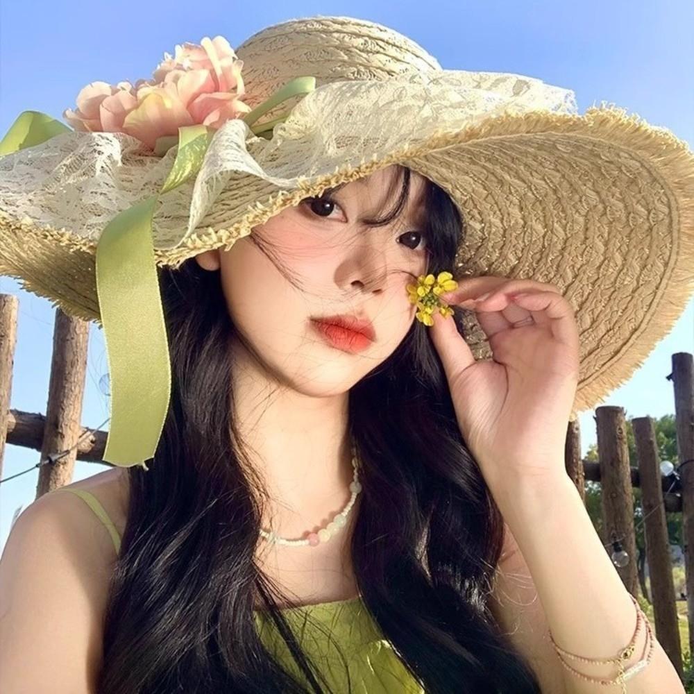 Solid Color Flower Lafite Straw Hat Big Brimmed Breathable Vacation Beach Cap Sun Protection Lace Woven Sun Cap Daily