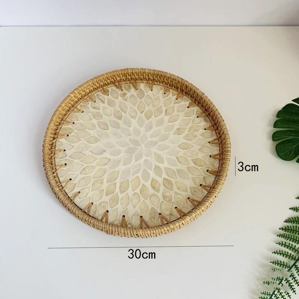 Korean Handmade Rattan Round Shell Tray Household Cake Bread Breakfast Basket Snacks Dried Fruit Plate Home Decoration Ornaments