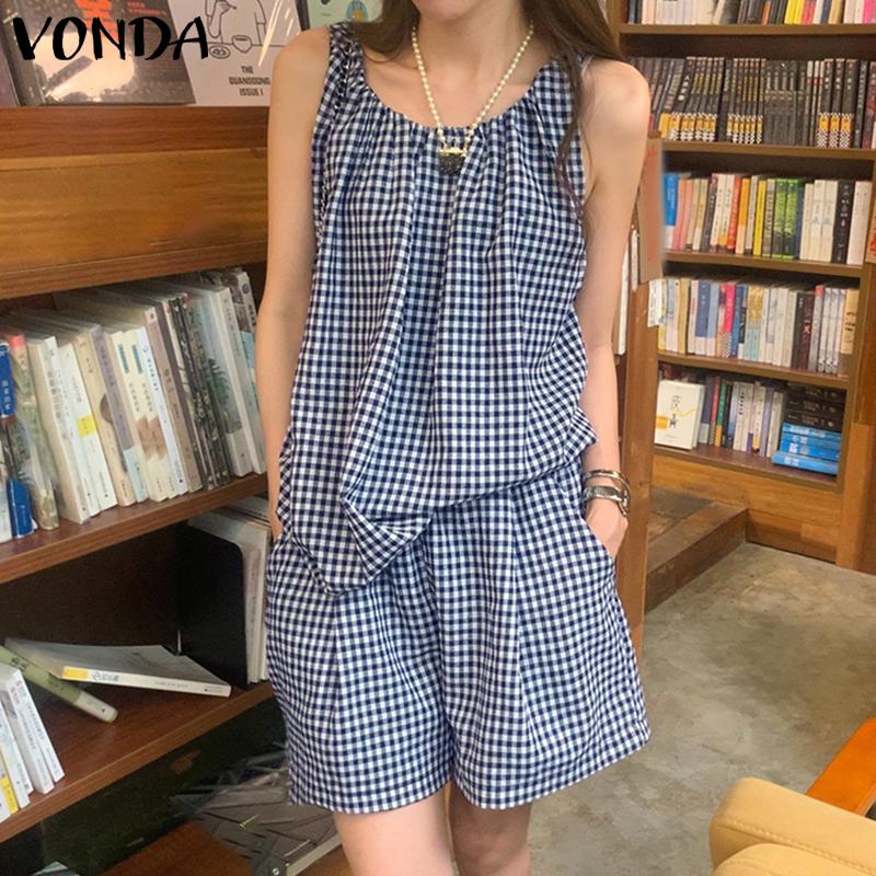 

Летние комплекты VONDA из 2 предметов, клетчатые топы без рукавов, шорты с эластичной резинкой на талии, повседневные костюмы для домашней одежды