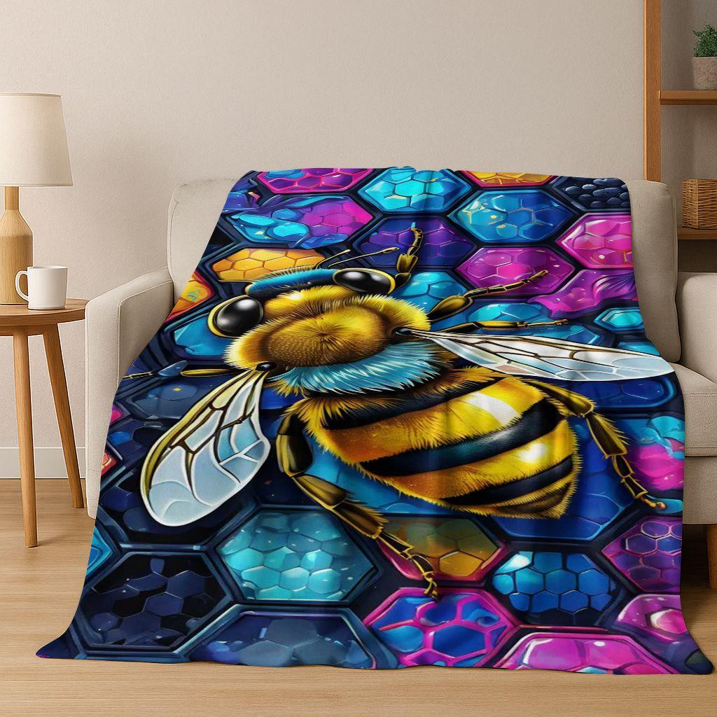 Cute Cartoon Bee HoneyBee Insect Art Flannel Blanket,Cozy Soft Throw Blanket for Home Bedroom Bed Sofa Picnic Cover Gift Kids