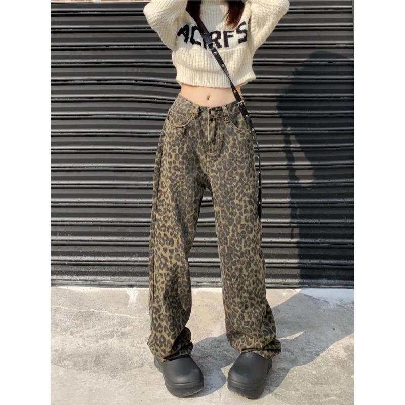 Spodnie damskie z szerokimi nogawkami w panterkę w stylu vintage Pantalon damskie z wysokim stanem proste dżinsy Y2k Casual Fashion koreańskie spodnie jeansowe