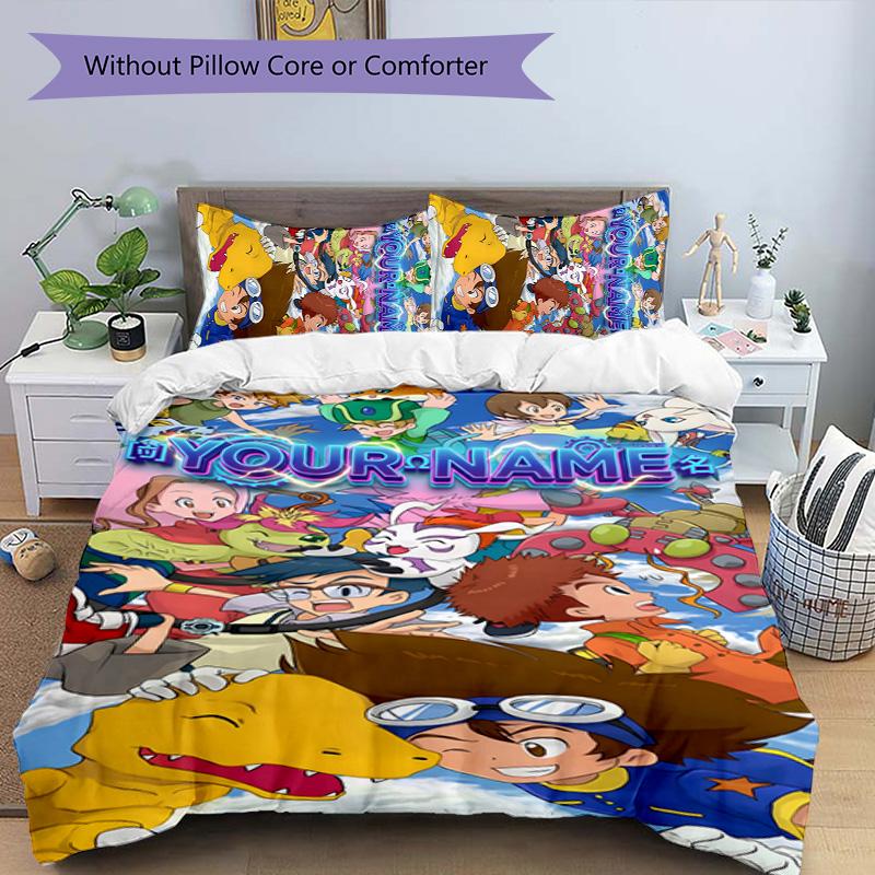 3pcs Digimon Cover Set - Personalized Name, HD Printed Bedding with 1 Cover and 2 Pillowcases - Perfect for Home Decor, Easy Care