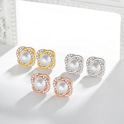 Korean Flower Small Pearl Earrings, Retro Court Small Fragrant Style Diamond Winding Cross Natural Bead Stud Earrings