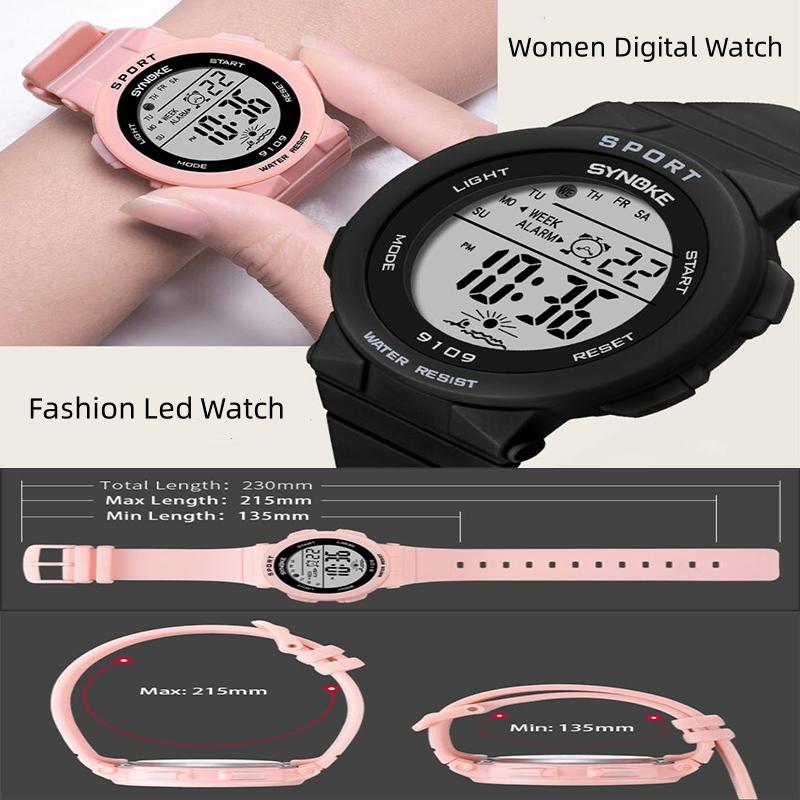 Synoke 50M Waterproof Led Chronograph Watches Fashion Colorful Light Soft PU Strap Women's Digital Sport's Wristwatch