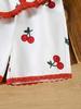 Two Piece Girls' Cute and Energetic Niche Floral Dress Vest and Fashionable Cherry Patterned Lace Hem Versatile Contrasting Shorts Set