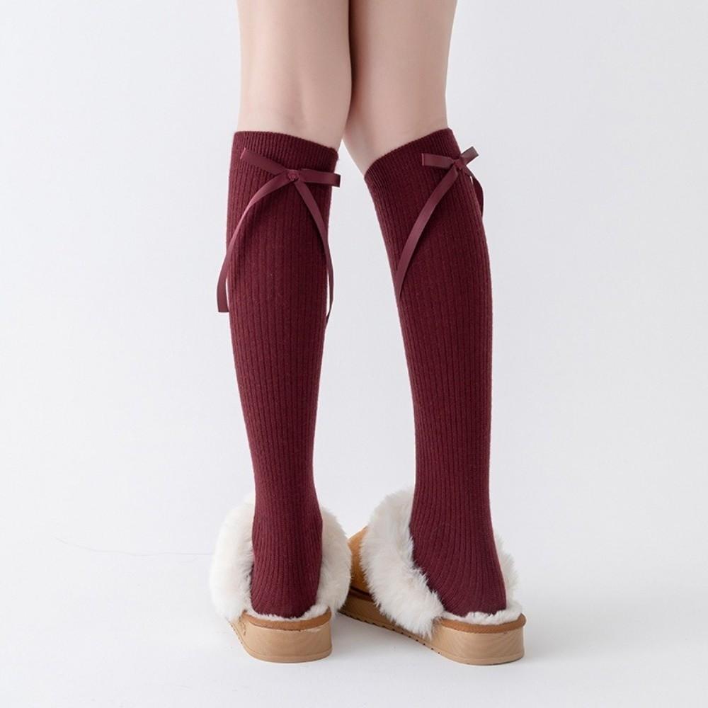 

Fashion Solid Color Lolita Bow ribbon Socks Thicken Winter Warm Long Tube Sox Breathable Knee High Boot Stockings 35-39 вина червоного кольору