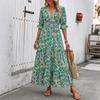 Women's Green Pink Abstract Print Tiered Maxi Dress, V Neck Half Puff Sleeve Smocked Waist Summer Casual Long Dress