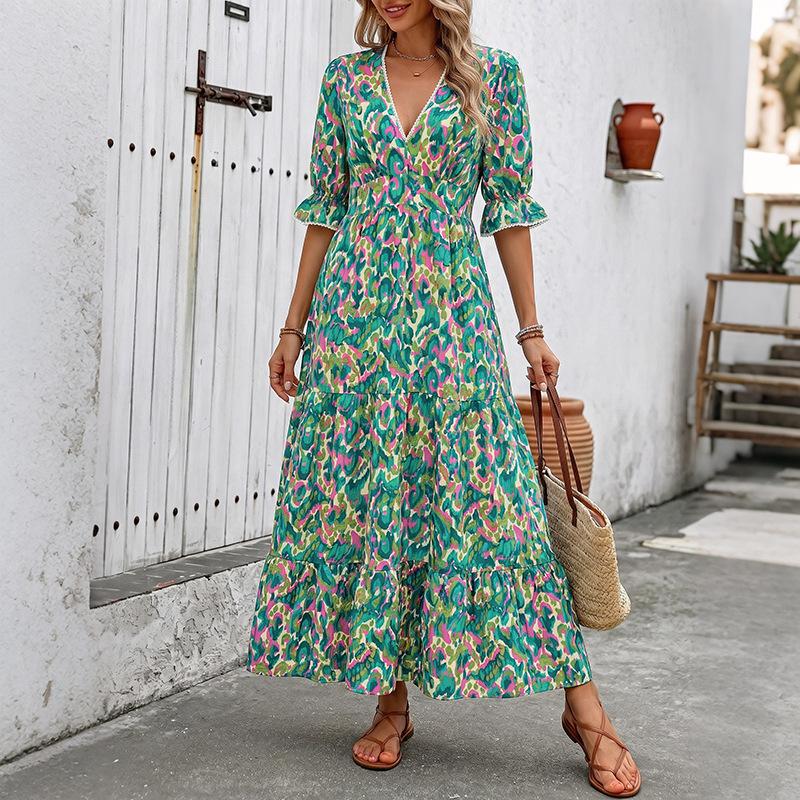 Women's Green Pink Abstract Print Tiered Maxi Dress, V Neck Half Puff Sleeve Smocked Waist Summer Casual Long Dress