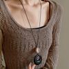 Retro Black Leather Rope Long Ring Pendant Necklace New Chinese Niche High-end Versatile Sweater Chain New