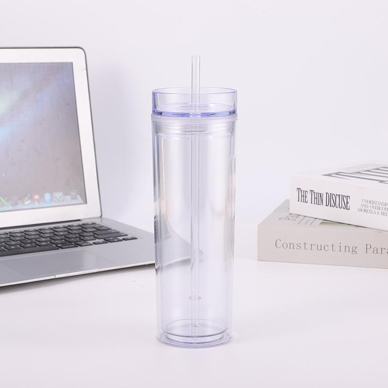 450ml Colorful Straw Cup,Skinny Clear Coffee Cup,Summer Ice Water Bottle,Double Wall Plastic Drinkware for Juice Shakes Smoothie