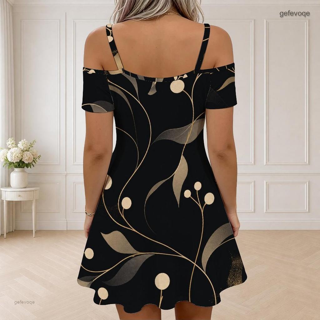 Women Plus Size White Printed Cold Shoulder V Neck Chain Strap Zipper Short Sleeve Flared Hem Dress