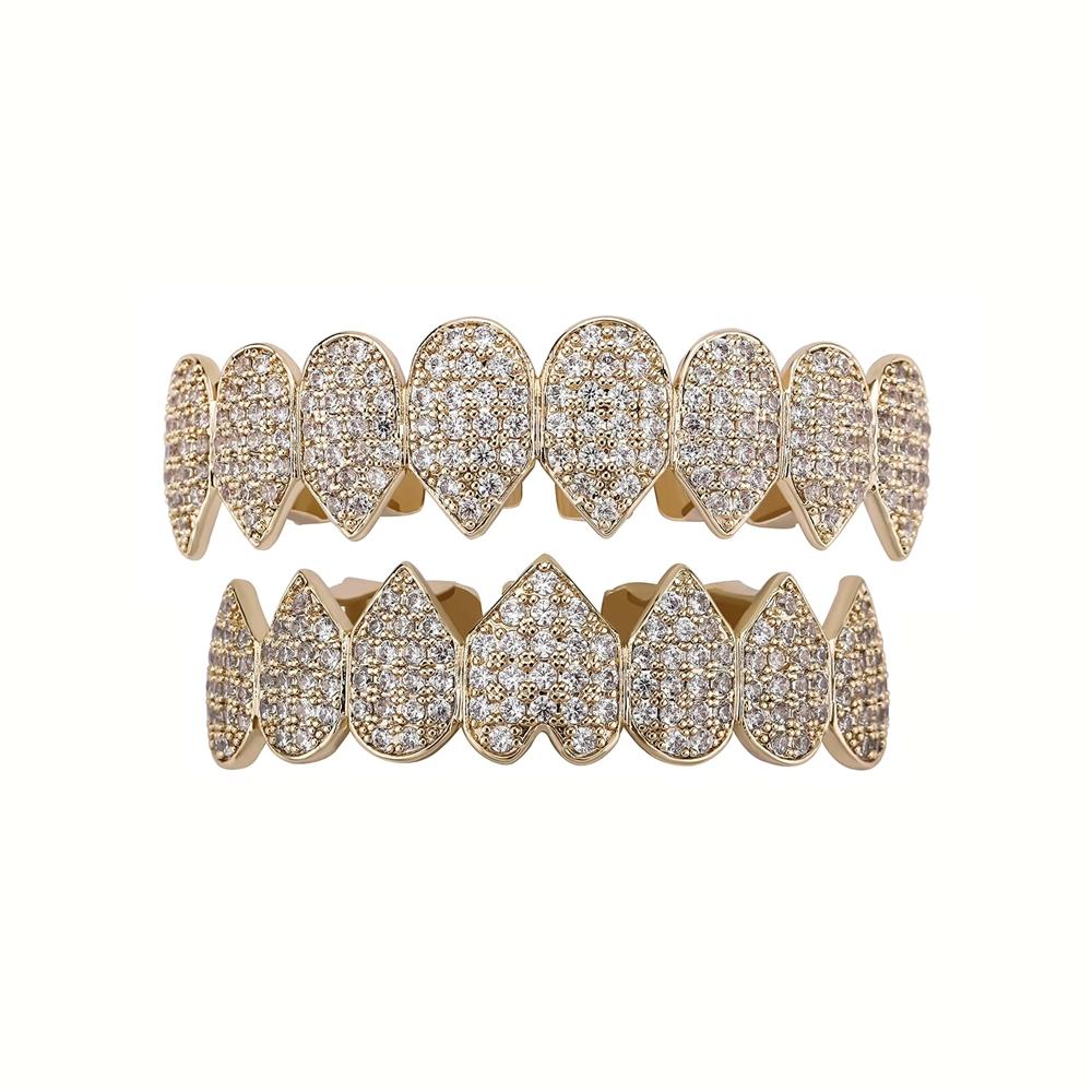 Hip Hop Iced Out Cuore 8 Denti Grillz Set Completo Superiore Inferiore Bling Zircone Copri Denti Decorazione Rapper Gioielli Dentali