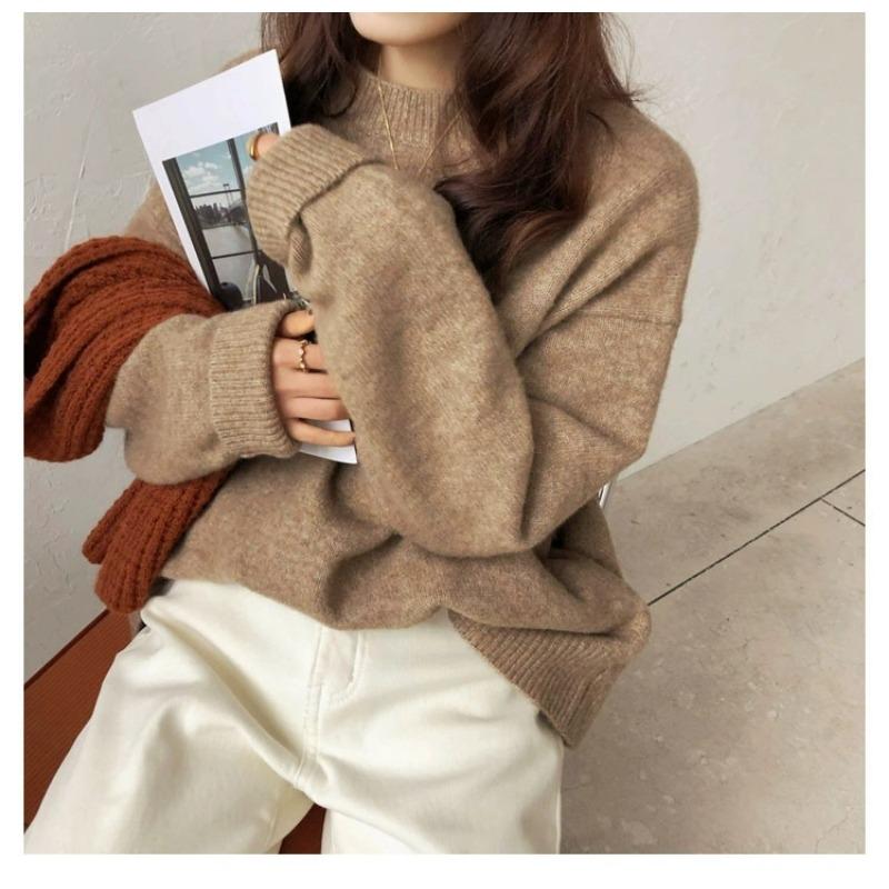 Crew neck solid color sweater women's autumn and winter new loose pullover knitted sweater women